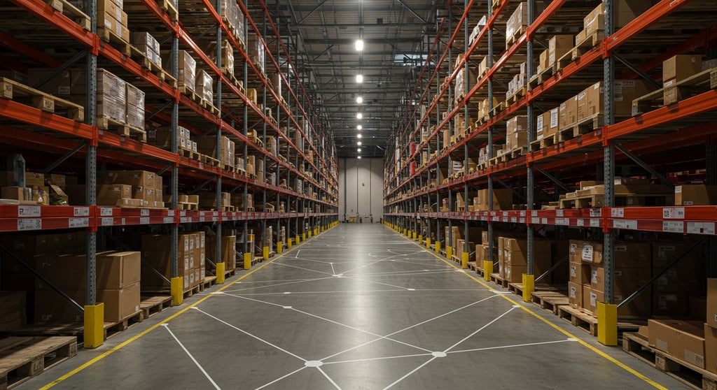 Wide angle of Warehouse indoors with a digital node pattern on the floor.