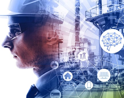 Digital montage of engineer with oil refinery and technology icons with colour overlay