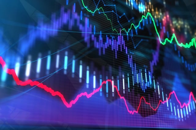 Visualização digital com gráficos, indicadores e linhas de dados em cores neon
