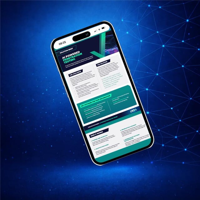 Tela de smartphone exibindo solução digital da LRQA sobre fundo azul com elementos de rede